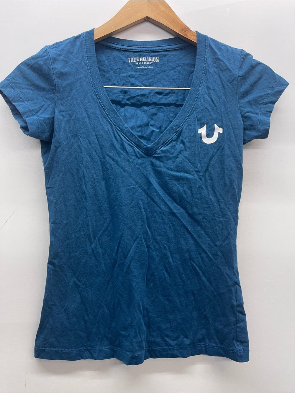 True Religion Women’s V-Neck Logo Tee in Teal Blue